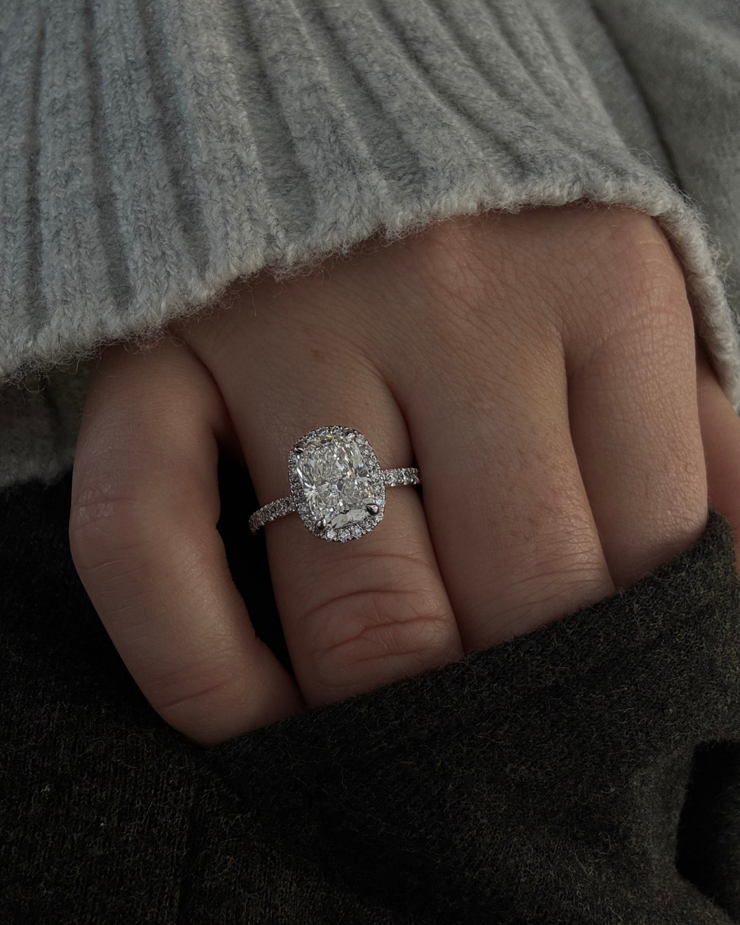 Elongated Cushion Shape Lab Grown Diamond Halo Engagement Ring with Round Sidestones