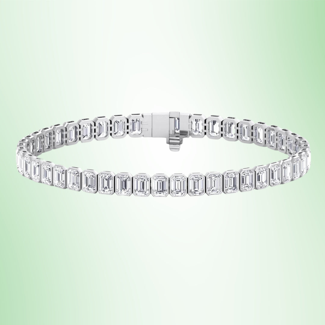 Bezel Set Emerald Shape Lab Grown Diamond Tennis Bracelet 14K Solid Gold