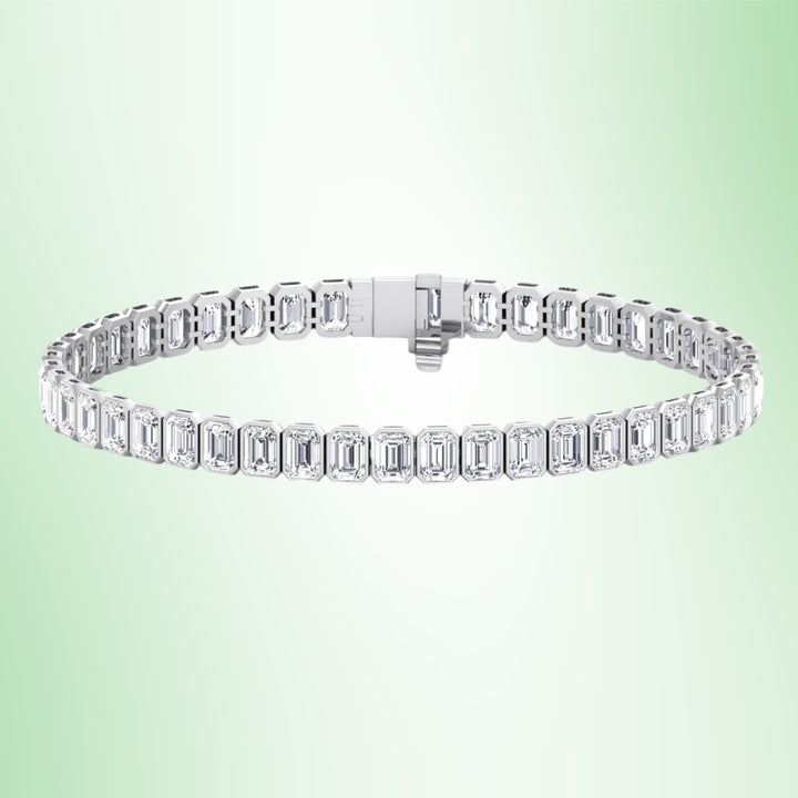 Bezel Set Emerald Shape Lab Grown Diamond Tennis Bracelet 14K Solid Gold