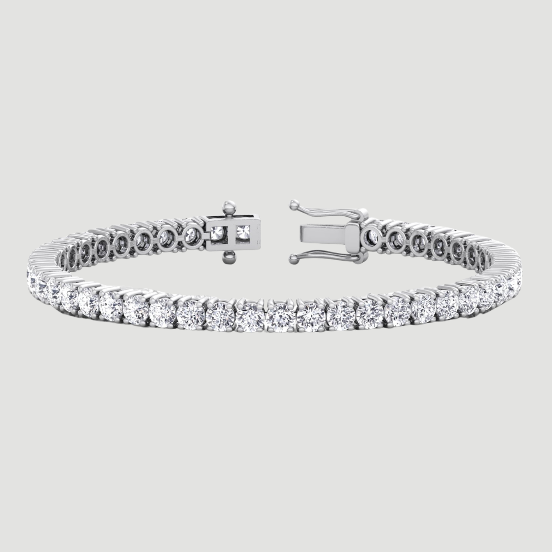 3 carat round cut lab grown diamond tennis bracelet in 14K solid gold with four prong settings by Karaters
