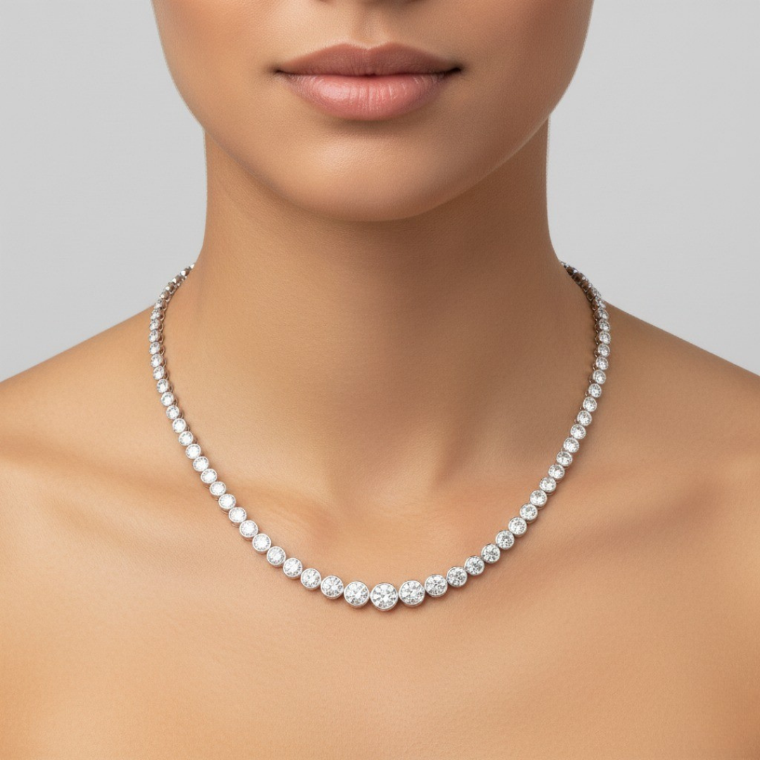 Bezel Set Graduated Lab Grown Diamond Tennis Necklace 18K Solid Gold