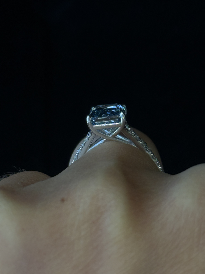 Fancy Blue Radiant Cut Lab Grown Diamond Split Shank Engagement Ring