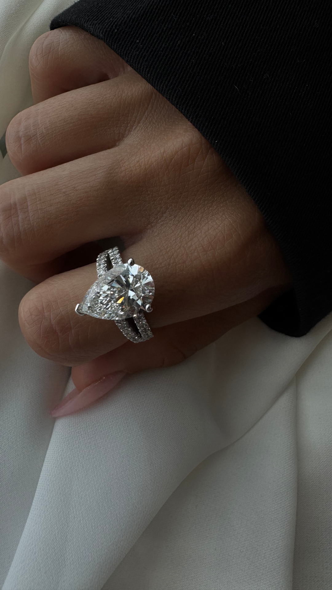 Pear Shaped Lab Grown Diamond Halo Engagement Ring with Pave Double Band