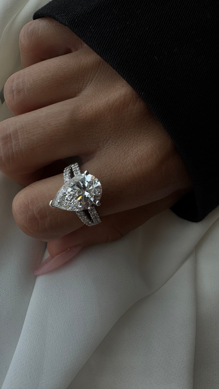 Pear Shaped Lab Grown Diamond Halo Engagement Ring with Pave Double Band