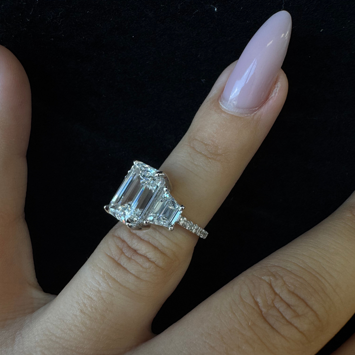 Emerald & Trapezoid Three Stone Lab-Grown Diamond Engagement Ring with Sidestones