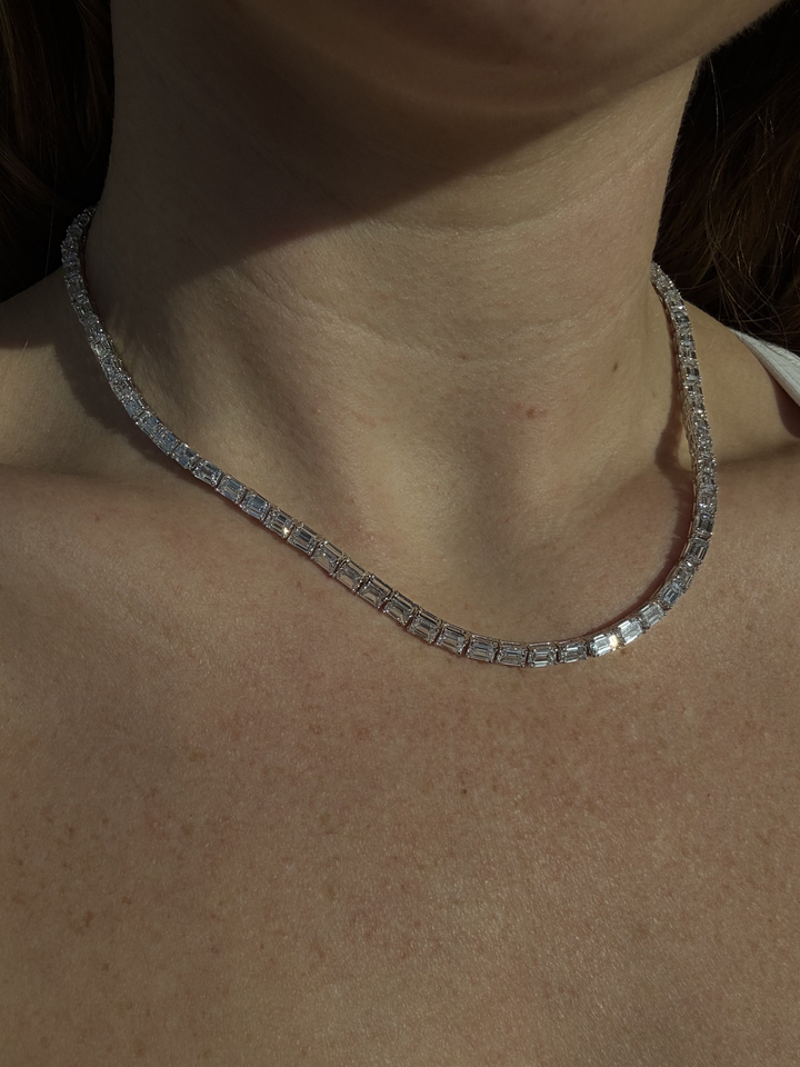East-West Emerald Cut Lab Grown Diamond Tennis Necklace 14K Solid Gold