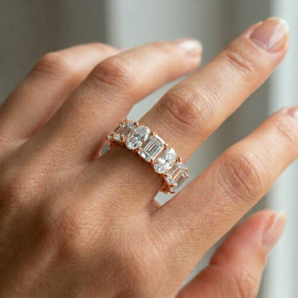 Alternating Emerald and Oval Shape Lab Grown Diamond Eternity Band
