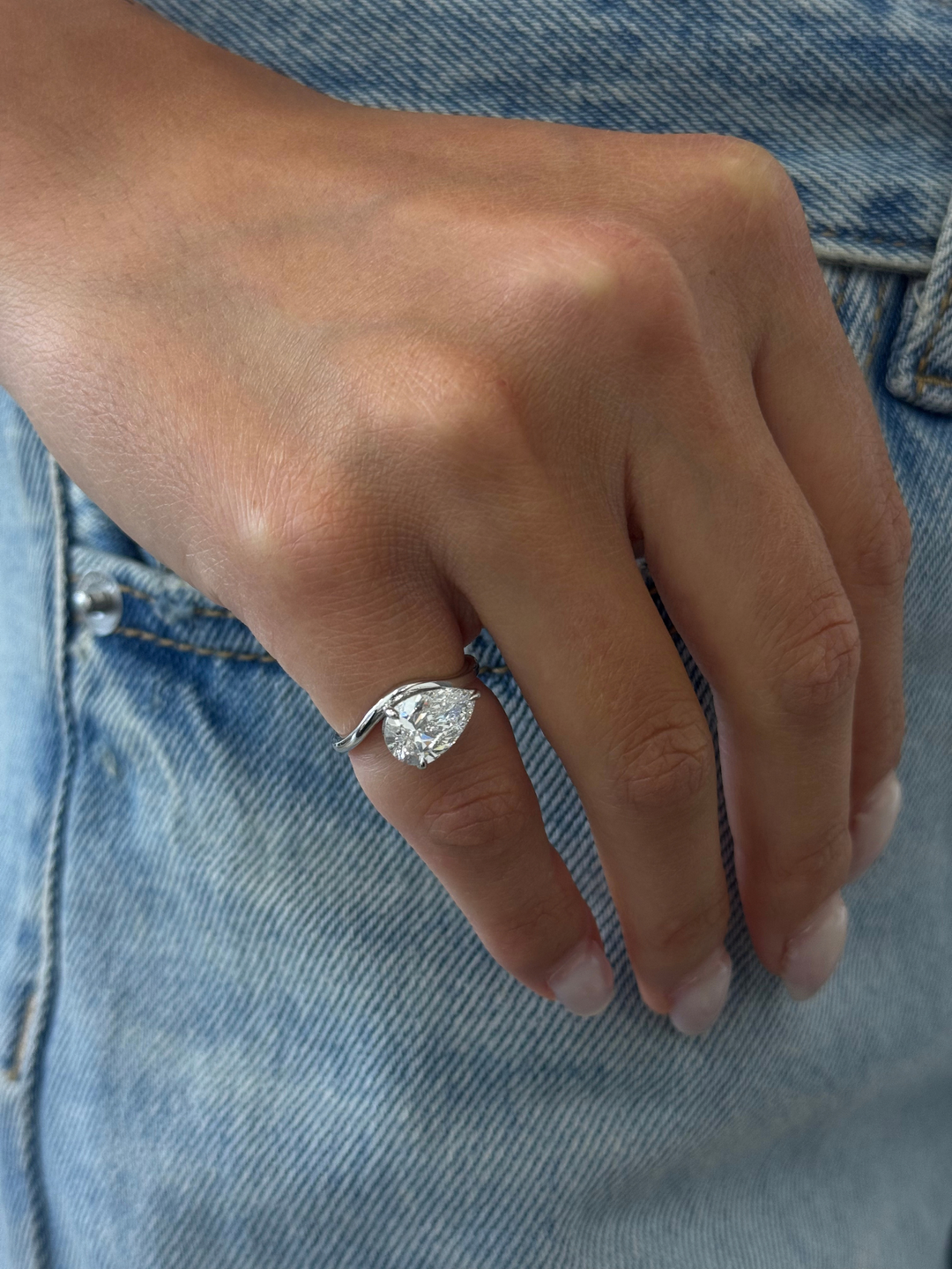 East West Pear Shape Lab Grown Diamond Curved Pinky Ring