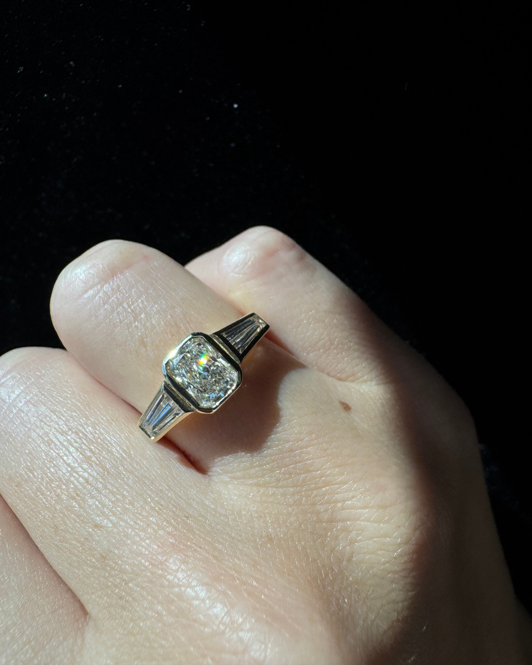 Radiant Cut Bezel Setting Lab Grown Diamond Engagement Ring With Tapered Baguette Sidestones 2ct