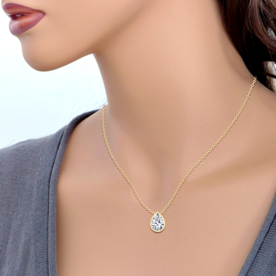 Pear Shape Bezel Set Lab Grown Diamond Pendant - Yellow Gold-14K-18K- 1CT-5CT