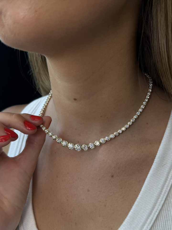 Bezel Set Graduated Lab Grown Diamond Tennis Necklace 18K Solid Gold