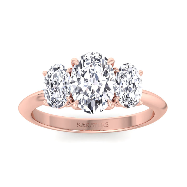 3 Stone Oval Shape Lab Diamond Ring Rose