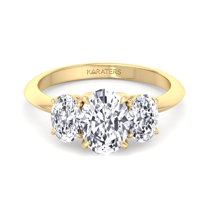 3 Stone Oval Shape Lab Diamond Ring Yellow