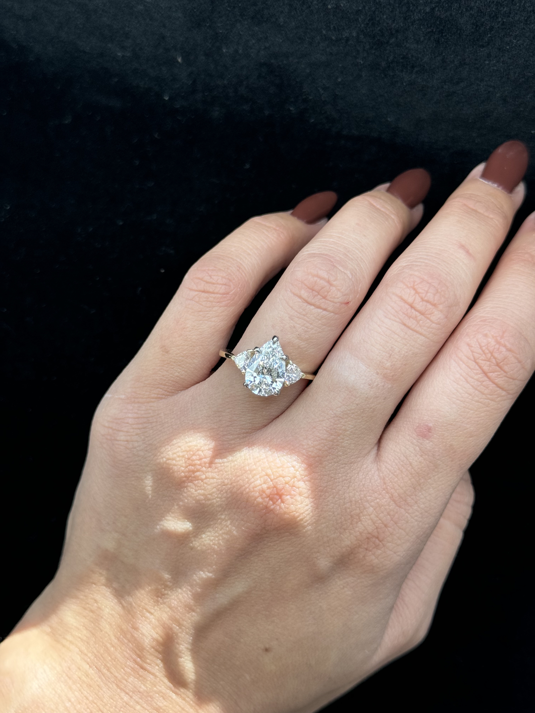 Pear Shape Lab Grown Diamond Engagement Ring with Trillion Side Stones