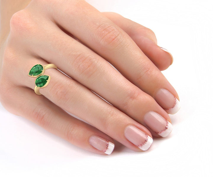 Pear Shape Green Emerald  Lab Grown Diamond Wrap Ring Lifestyle YG