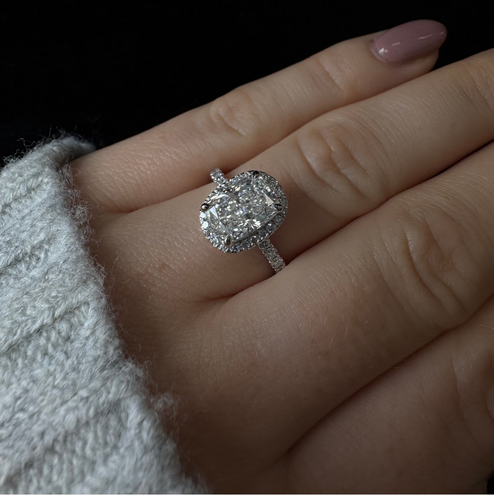 2Ct Elongated Cushion Shape Lab Grown Diamond Halo Engagement Ring with Round Sidestones