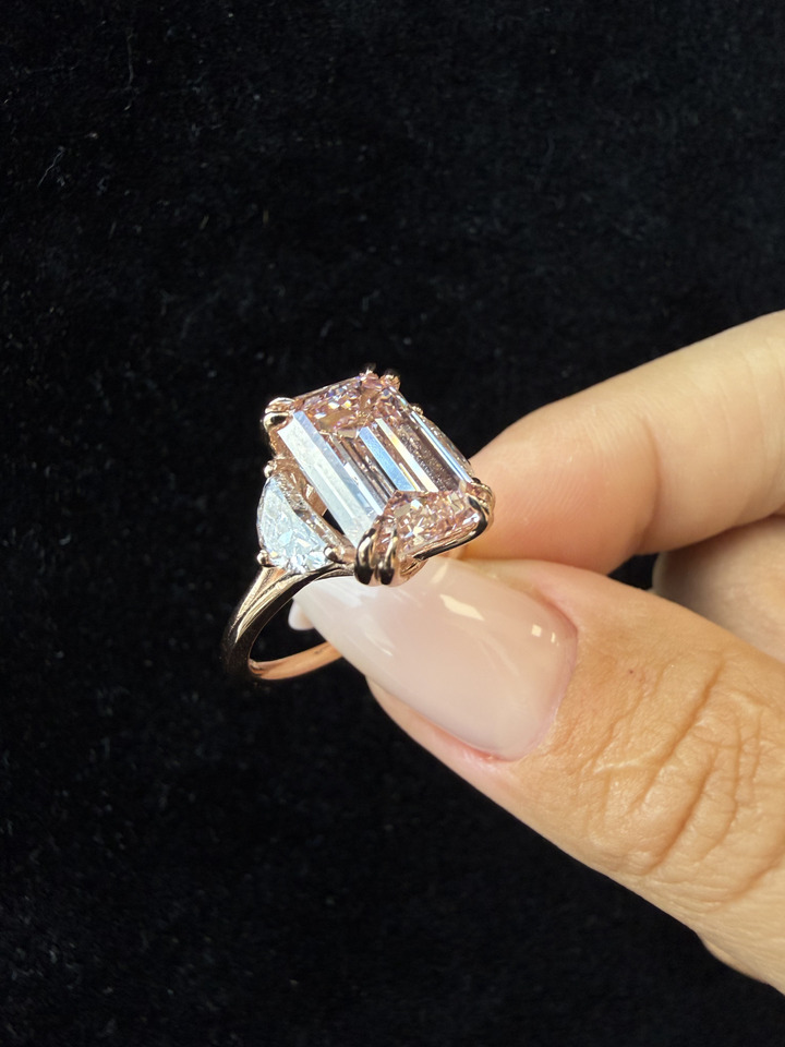 Emerald Shape Lab Grown Diamond Engagement Ring with Half Moon Sidestones