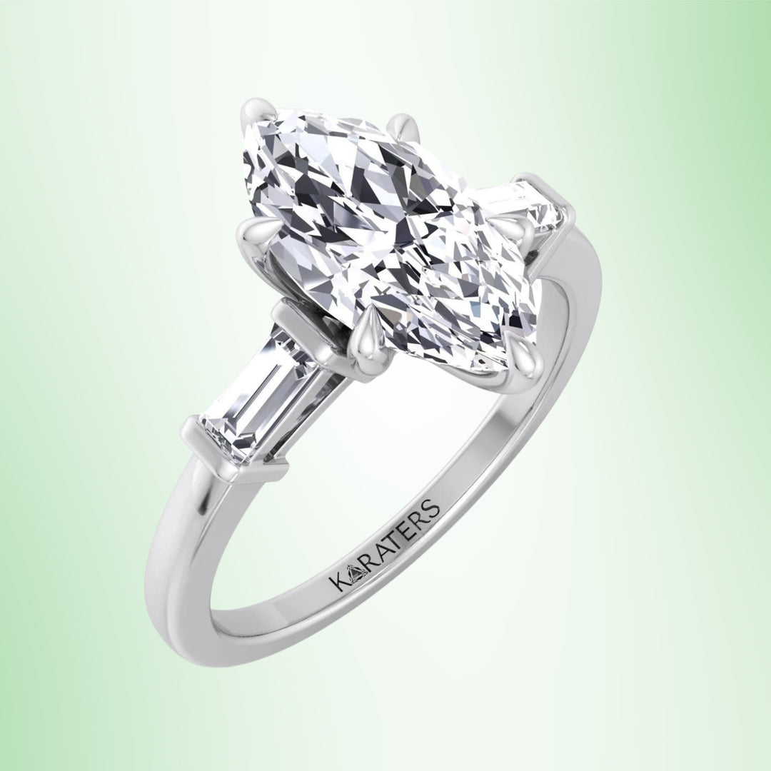 Iris - Marquise Cut Lab Grown Diamond Engagement Ring With Baguette SideStones