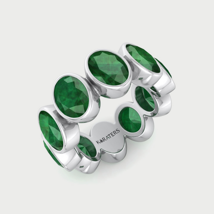 Oval Shape Lab Grown Green Emerald Eternity Band With Bezel Set