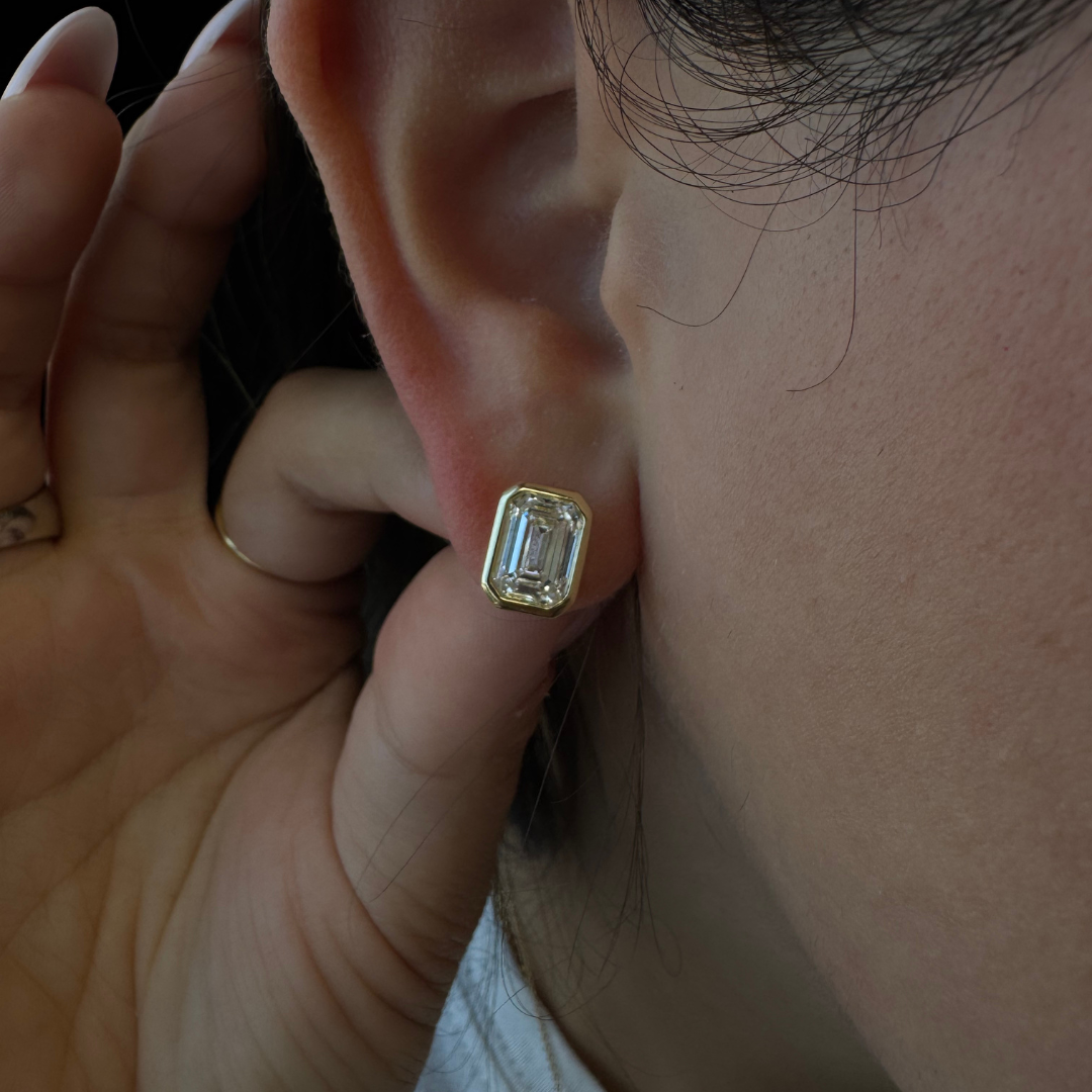 Bezel Set Emerald Shape Lab Grown Diamond Studs