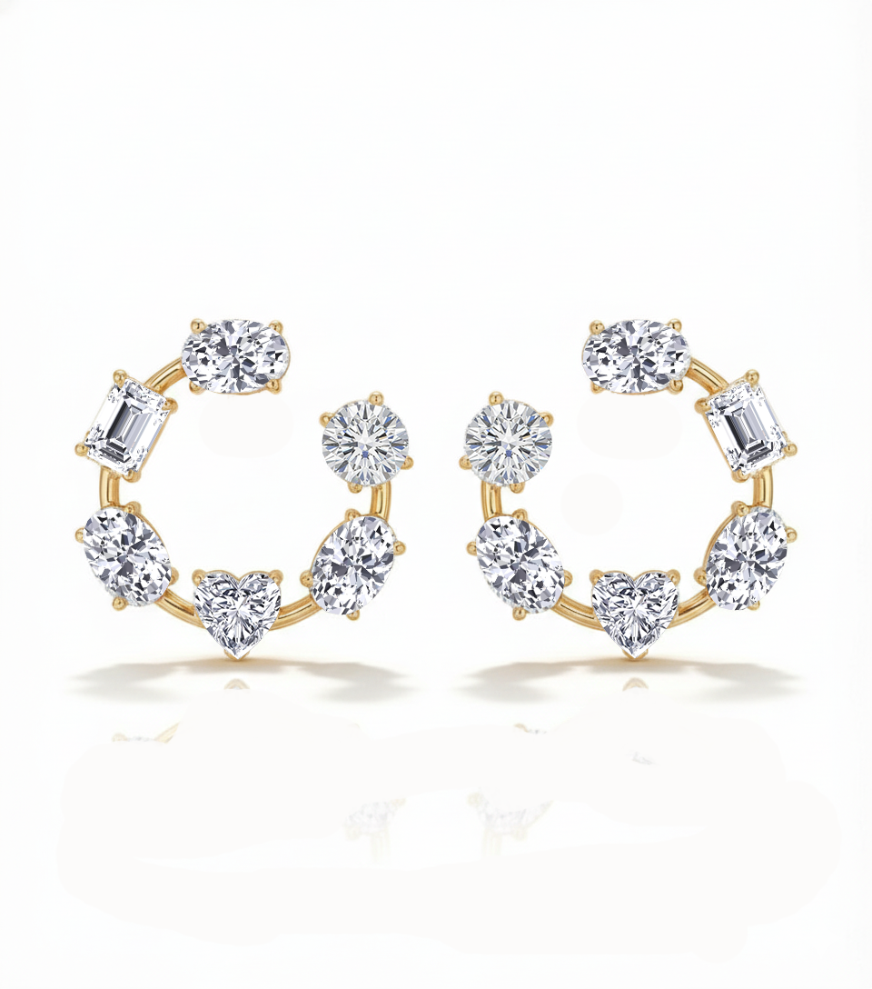 Mixed Shape Lab Grown Diamond Open Hoop Swirl Earrings Yellow Gold 14K