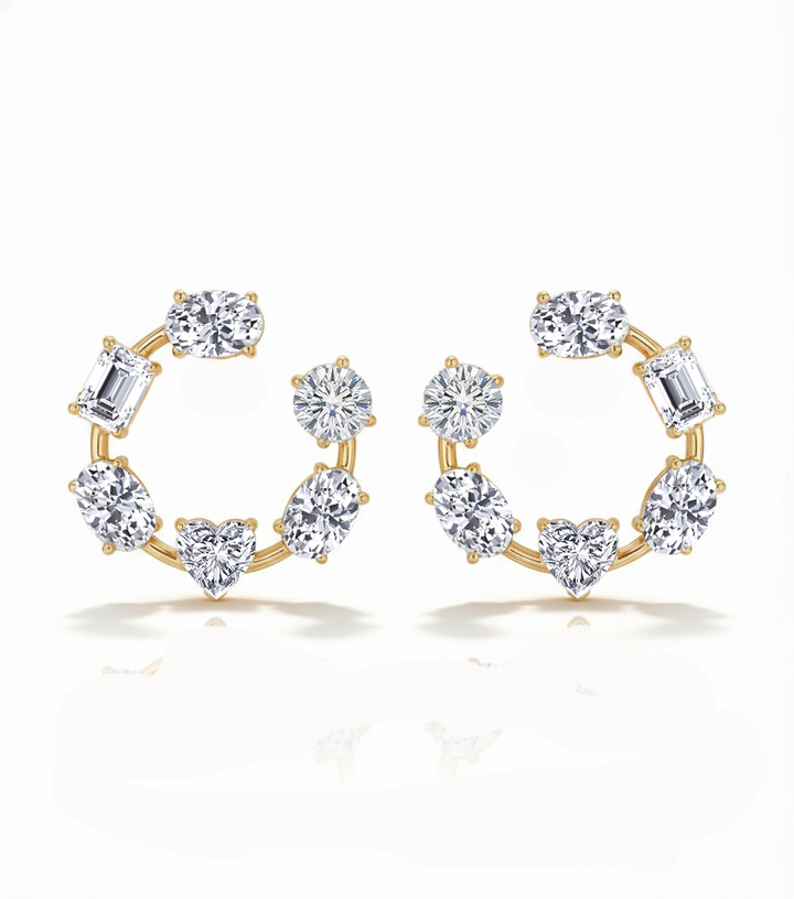 Mixed Shape Lab Grown Diamond Open Hoop Swirl Earrings Yellow Gold 14K