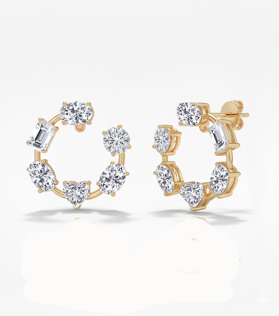 Mixed Shape Lab Grown Diamond Open Hoop Swirl Earrings Yellow Gold 18K