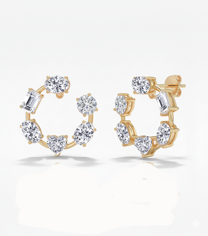 Mixed Shape Lab Grown Diamond Open Hoop Swirl Earrings Yellow Gold 18K