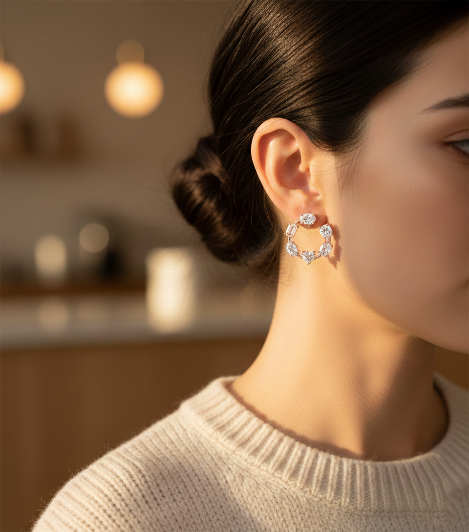 Mixed Shape Lab Grown Diamond Open Hoop Swirl Earrings Rose Gold