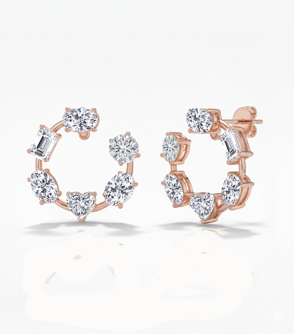 Mixed Shape Lab Grown Diamond Open Hoop Swirl Earrings Rose Gold 18K