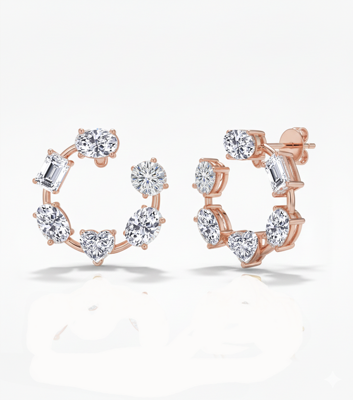 Mixed Shape Lab Grown Diamond Open Hoop Swirl Earrings Rose Gold 18K