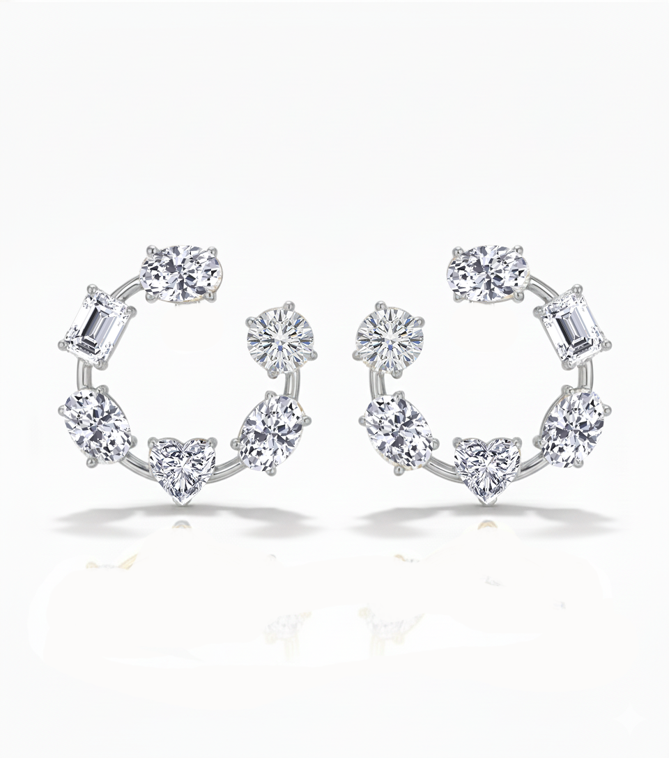 Mixed Shape Lab Grown Diamond Open Hoop Swirl Earrings White Gold 14K