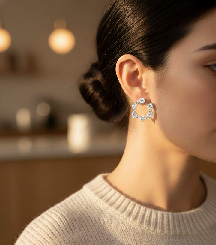 Mixed Shape Lab Grown Diamond Open Hoop Swirl Earrings White Gold