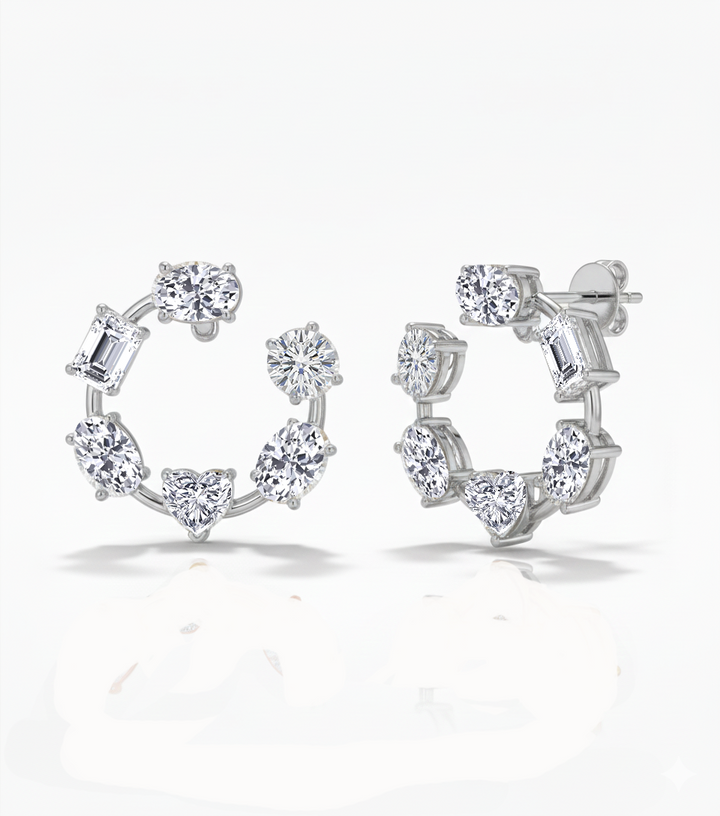 Mixed Shape Lab Grown Diamond Open Hoop Swirl Earrings White Gold 18K