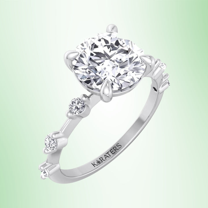 Round Cut Solitaire Lab Grown Diamond Engagement Ring With Sidestones