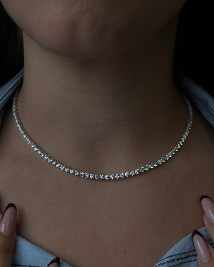 3 Prong Round Shape Lab Grown Diamond Tennis Necklace - Martini Style 14K Solid Gold