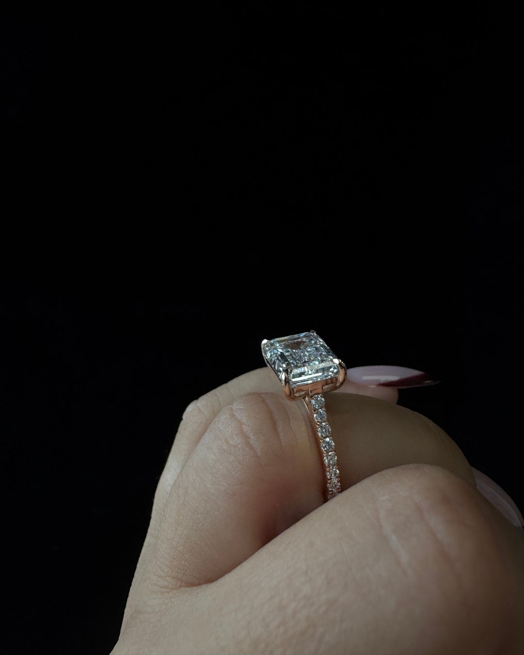 5Ct East To West Emerald Cut Lab Grown Diamond Engagement Ring With Side Stones