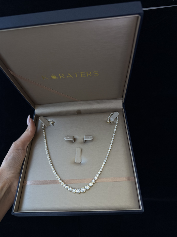 Bezel Set Graduated Lab Grown Diamond Tennis Necklace 18K Solid Gold