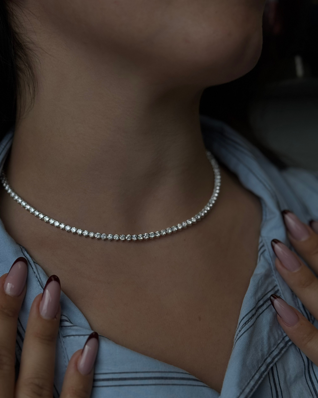 3 Prong Round Shape Lab Grown Diamond Tennis Necklace - Martini Style 14K Solid Gold