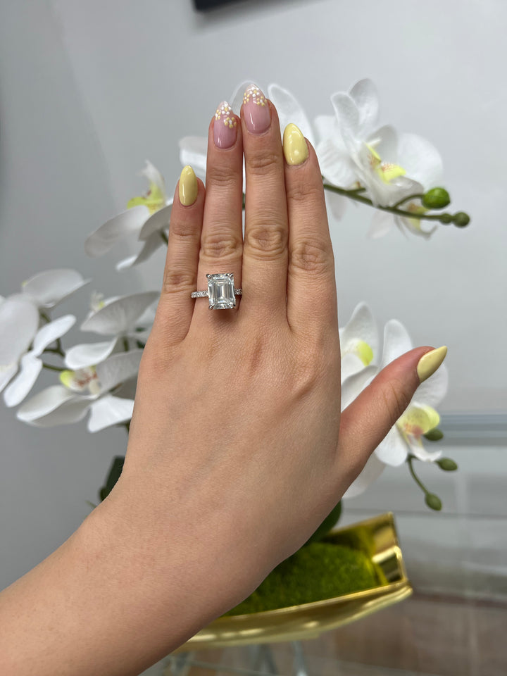 5ct Emerald Lab Diamond Ring with Hidden Halo Accent 