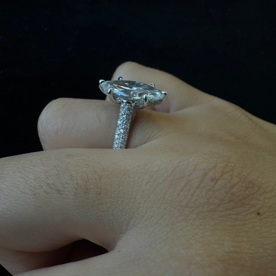 Marquise Shape Lab-Grown Diamond with Three Row Pave and Hidden Halo