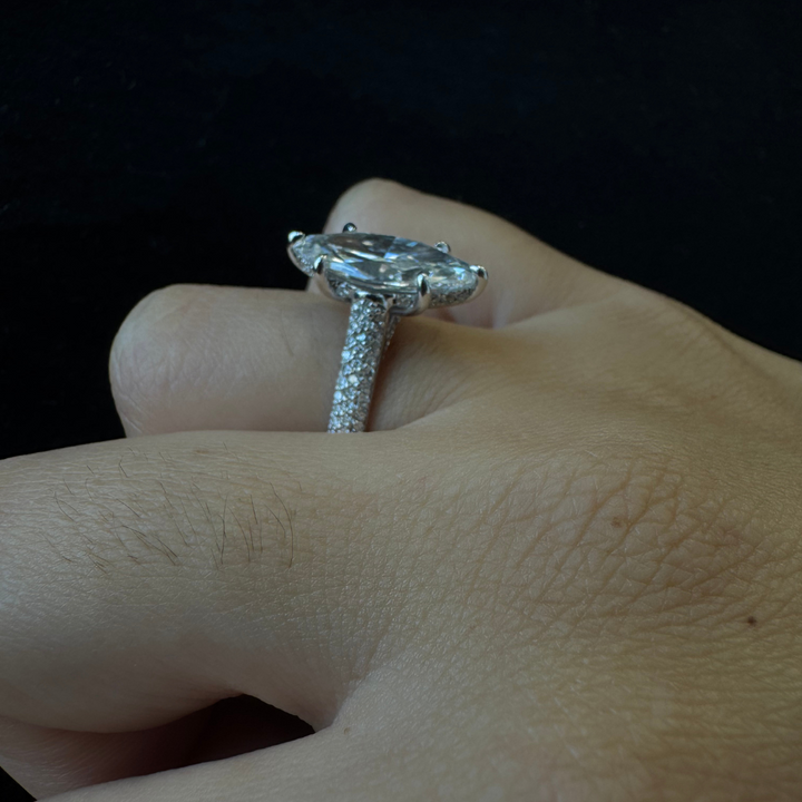 Marquise Shape Lab-Grown Diamond with Three Row Pave and Hidden Halo