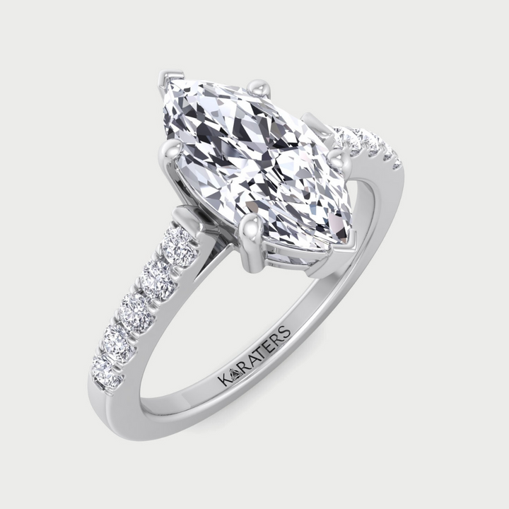 6 Prong Marquise Cut Lab Grown Diamond Engagement Ring With Side Stones