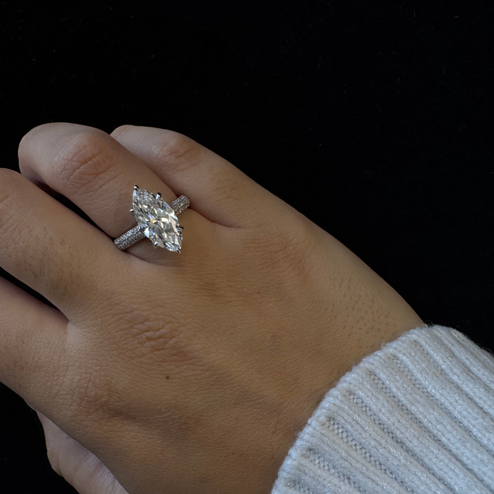 Marquise Shape Lab-Grown Diamond with Three Row Pave and Hidden Halo-1CT-10CT-18K
