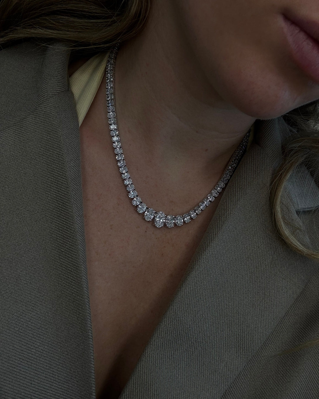 Oval Cut Graduated Lab Grown Necklace 18K Solid Gold