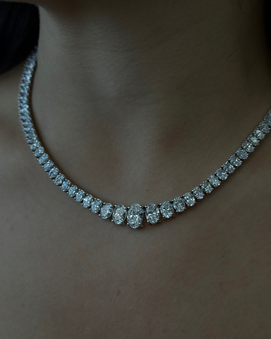 Oval Cut Graduated Lab Grown Necklace 18K Solid Gold