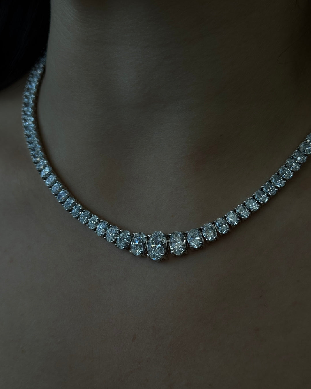 Oval Cut Graduated Lab Grown Necklace 18K Solid Gold