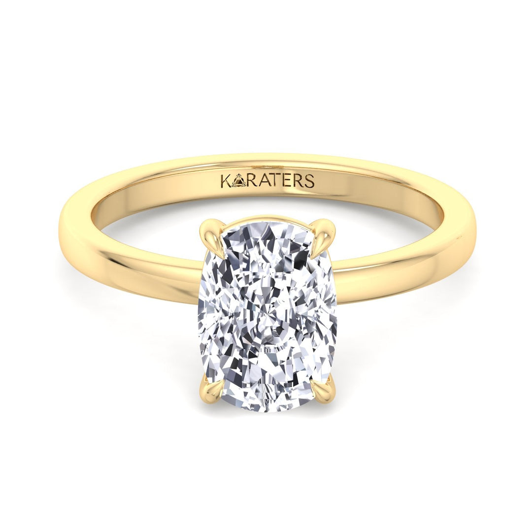 Alea Elongated Cushion Solitaire Lab Diamond Ring Yellow Gold, Front