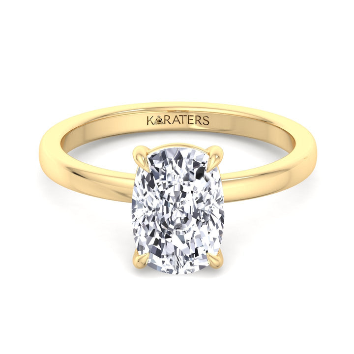 Alea Elongated Cushion Solitaire Lab Diamond Ring Yellow Gold, Front