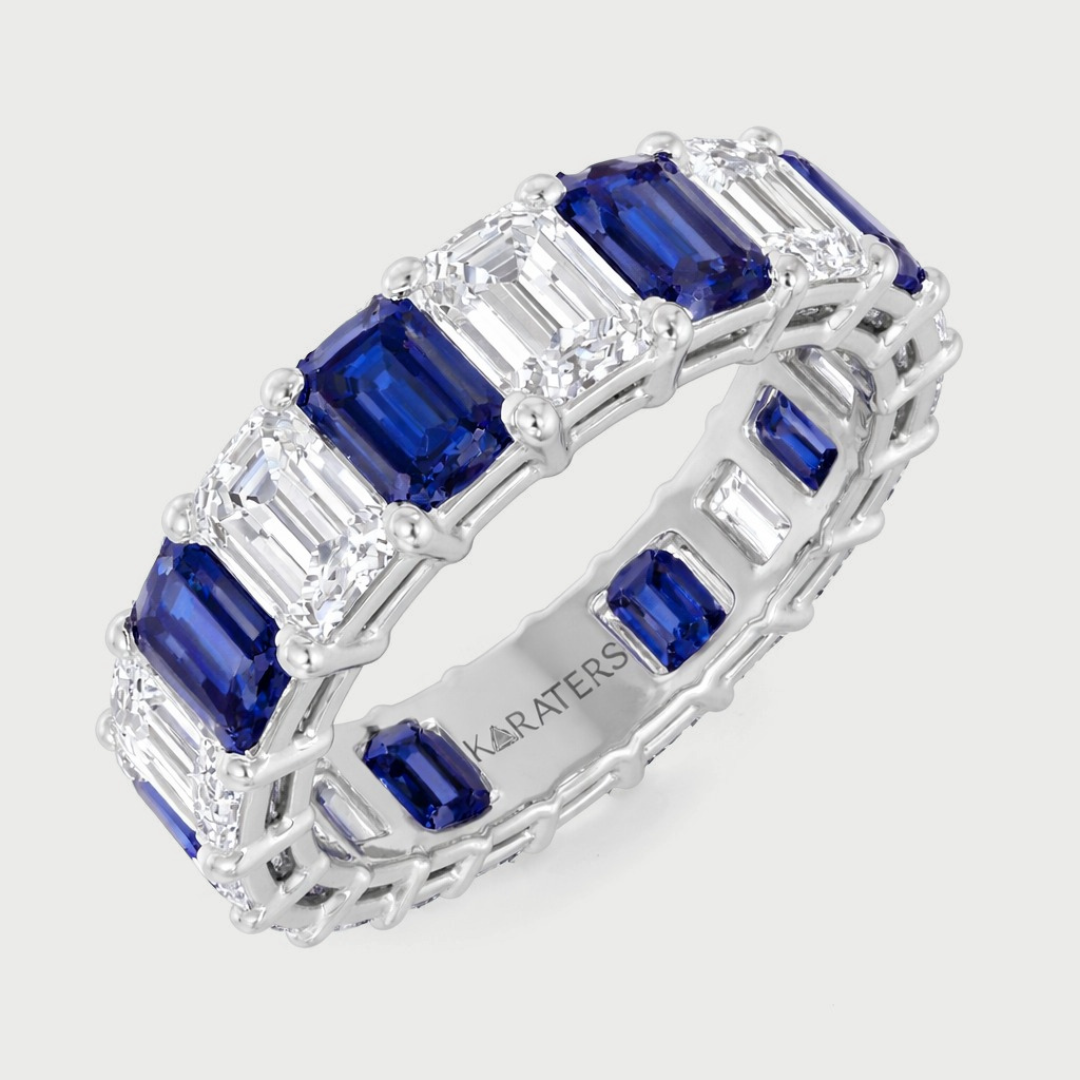 Alternating Emerald Shape Lab Grown Blue Sapphire and Diamonds Eternity Band
